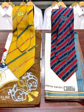 2 Silk Celine Paris  Neckties Striped  + New Kerchief Celine+ Pierre Cardin  (29